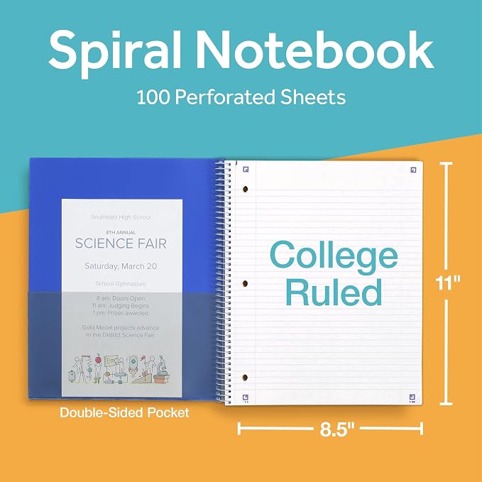 Oxford Spiral Notebook with Free Study App, 1 Subject, College Ruled, Ultra Smooth Paper, No Ink Bleed-Through, Strong Poly Blue Cover, Durable 2 Sided Pocket, 100 Easy Perforated 8.5" x 11" Sheets