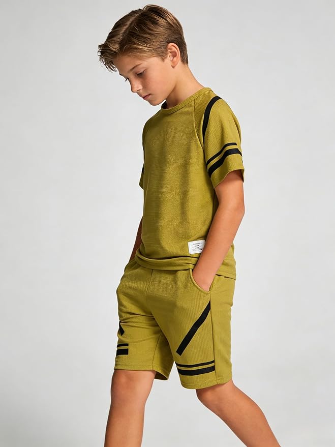Cakaner Tween Boys Clothes Summer Simple Print T-Shirt And Shorts Set 2 Pieces Teen Trendy Outfits Size 7-14 Year