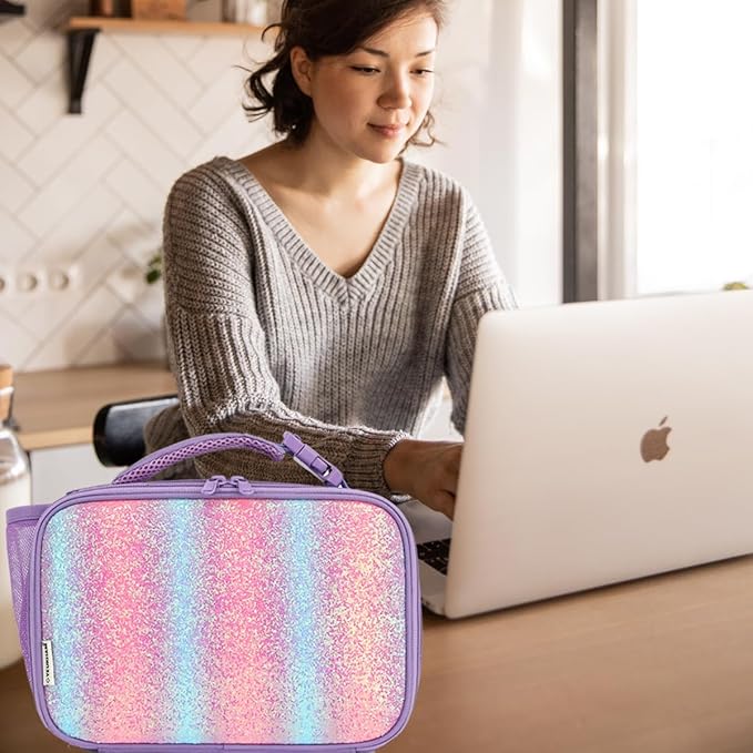 GYEUKHAM Insulated Lunch Box for School, Thermal Reusable Durable Freezable Lunch Bags for Kids Boys Girls Men Women - Small Soft Cooler Portable Lunch Tote Kit for Work Picnic Travel,Purple Glitter