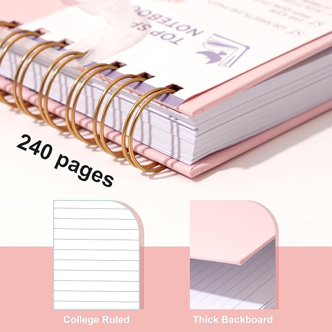 Yoment Top Spiral Notebook, Hardcover Steno Pads, 240 Pages Top Bound Spiral Notebooks, 7"x10" College Ruled Spiral Notepad Left-Handed Notebooks for Work School Office Business,Pink
