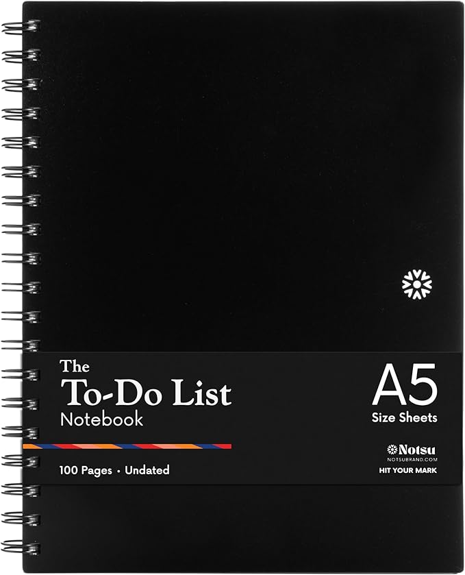 Notsu To Do List Notebook | Minimalist Planner with To-Do Checklist, Dot Grid, Notes sections. 100 Undated Pages, Thick Paper 120 gsm, A5 Size 5.8" x 8.3", Black