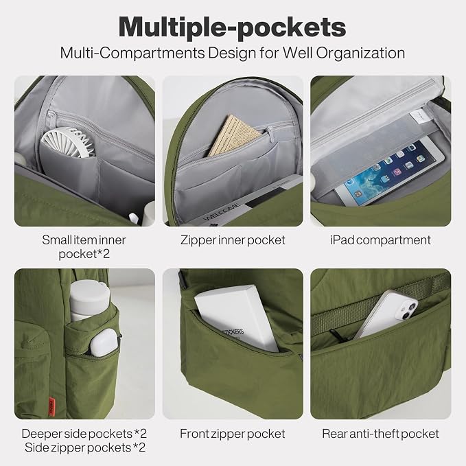 mixi 15Inch Casual Travel Daypack Lightweight Laptop Backpack, Jungle Green | Ultra Light Backpack, Fits 14in Laptop, Water/Oil/Stain Resistant, Anti-Theft Pocket&Luggage Strap for College Work Hiking
