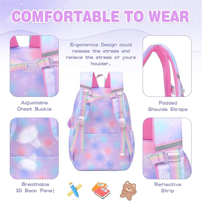 Alrisg Girls Backpack for Kids Elementary Middle School Cute Student Bookbag School Bag Purple
