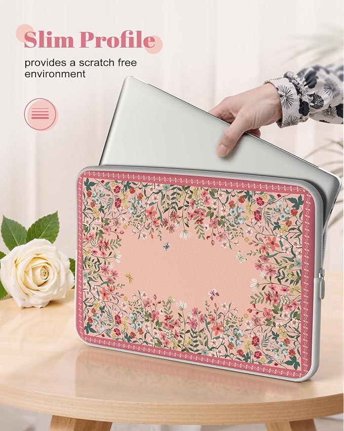 iCasso Pink Laptop Bag 13 inch,Cute Computer Sleeve Bag for Women,13-13.6 inch Laptop Carrying Case Compatible with MacBook Neo/Air/Pro 13-14 Sleeve, HP Dell ASUS Lenovo Chromebook Notebook,Floral