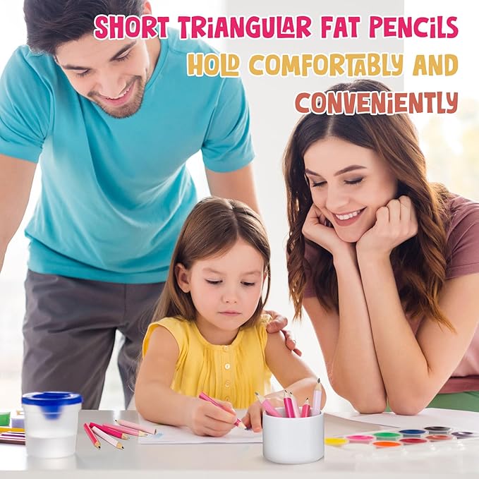 Marspark 30 Pcs Short Triangular Fat Pencils Bulk 3.5 Inch Wooden Triangular Jumbo Pencils with Sharpener and 2 Erasers for Preschoolers, Kindergarten, Toddlers, Beginners and School(Pink Colors)