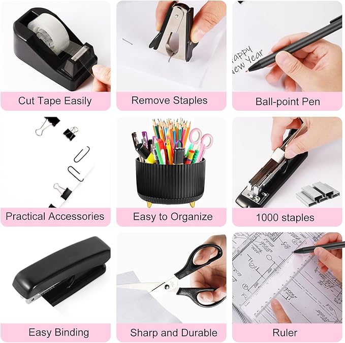 Gawsey Desk Organizers and Accessories Set with 360-Degree Rotating Pen Holder, Tape Dispenser, Stapler, Staple Remover, 1000 Staples, Tape, Clips Set, Ruler, Scissor, Pen (Black)