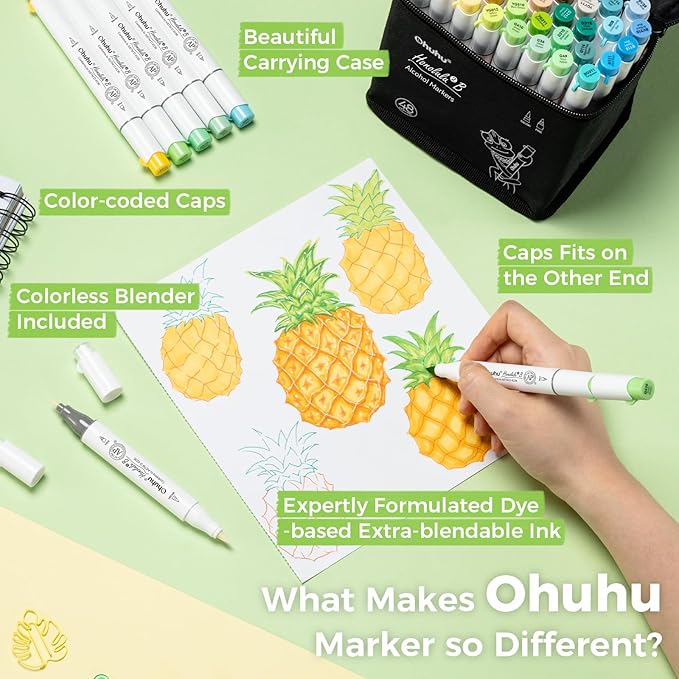 Ohuhu Alcohol Markers Brush and Fine Tip - 48-Color Alcohol-based Art Sketch Marker Set for Artist Adults Coloring Illustration - Brush and Fine Dual Tips- Honolulu 2B - Refillable - AP Certificated