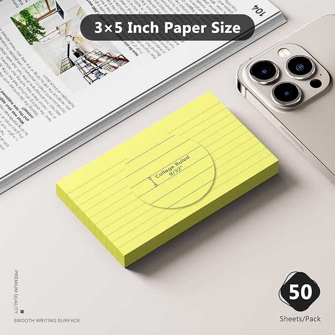 250 Count Index Cards 3 x 5 Inch, Thick Yellow Lined Note Cards Portable Ruled Flash Cards Perfect for Studying and Organizing, Note Taking Study Flashcards for Home, School and Office