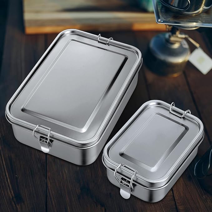 Leonyo 2 Pack 18/10 Stainless Steel Lunch Box for Adults 47oz, 1400ml Metal Bento Box with Removable Divider, 3 Compartments Snack Lunch Containers for Woman Man, Leak-Proof, Dishwasher Safe