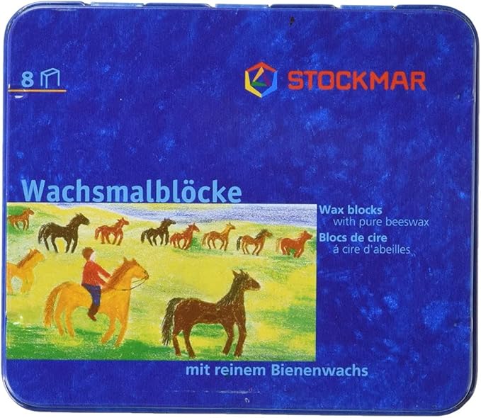 Stockmar Beeswax Block Crayons, Set of 8 - Non Toxic, Safe, Natural Jumbo Crayons For Kids & Adults - Waldorf Homeschool -Waldorf Art Supplies - In Storage Tin Case, Made in Germany