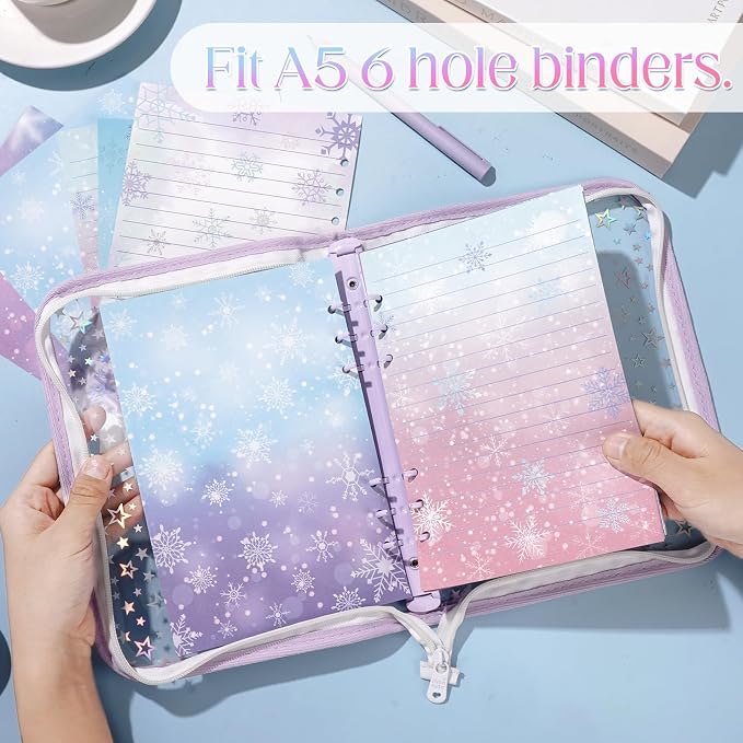100 Sheets Snowflake A5 Planner Inserts - 120GSM Thick Ice Princess Refill Paper for A5 6-Ring Binder, Magic 6 Hole Loose Leaf Sheets for Journal Diary Notebook Budget Creative Planning Christmas