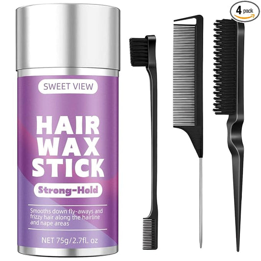 SWEET VIEW Hair Wax Stick & Slick Back Brush | Tames Flyaways, Frizz, Sleek Ponytails, Buns | Pomade/Balm/Gel Stick for Women, Styling Accessories for Girls