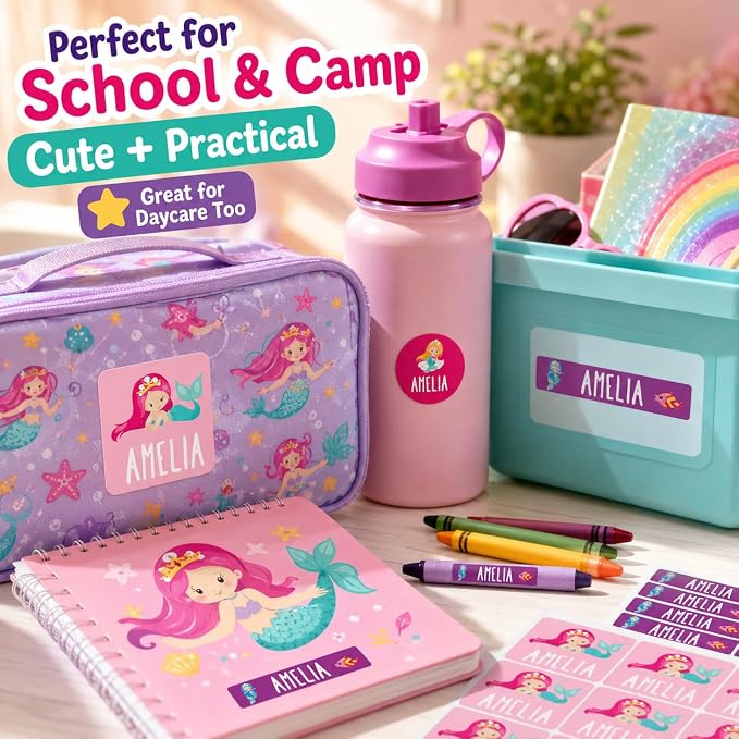 Andaz Press Mermaid 120-Pack Custom Personalized Waterproof School Name Labels, Kids Labels Combo Pack, Customizable Multi-Use Name Stickers