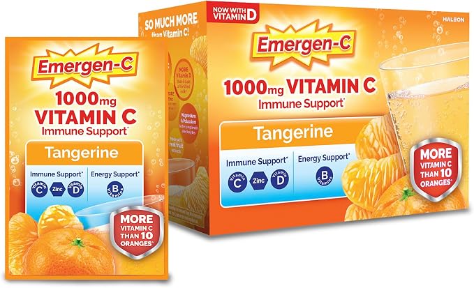 Emergen-C 1000mg Vitamin C Immune Support Powder Tangerine 30CT includes Zinc, Manganese, 7 B Vitamins and Electrolytes for Back to School Essentials