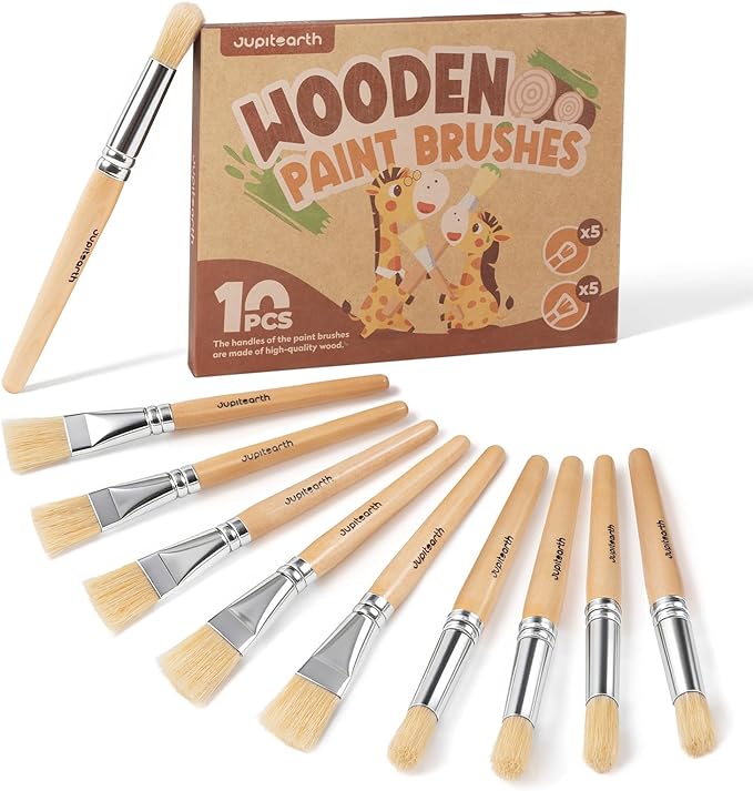 JUPITEARTH Jumbo Paint Brushes for Kids, Easy Grip Round and Flat Toddler Paint Brushes with Natural Wood Handles for Washable Paint and Acrylic Paint, 10 Pcs