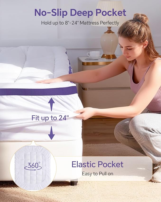 Dorm Room Essentials Dual Layer 4 Inch Memory Foam Mattress Topper Full XL | 2 Inch Gel Memory Foam and 2 Inch Pillow Top Mattress Pad for Back to School , 7-Zone Egg Crate & 2-in-1 Design (White)
