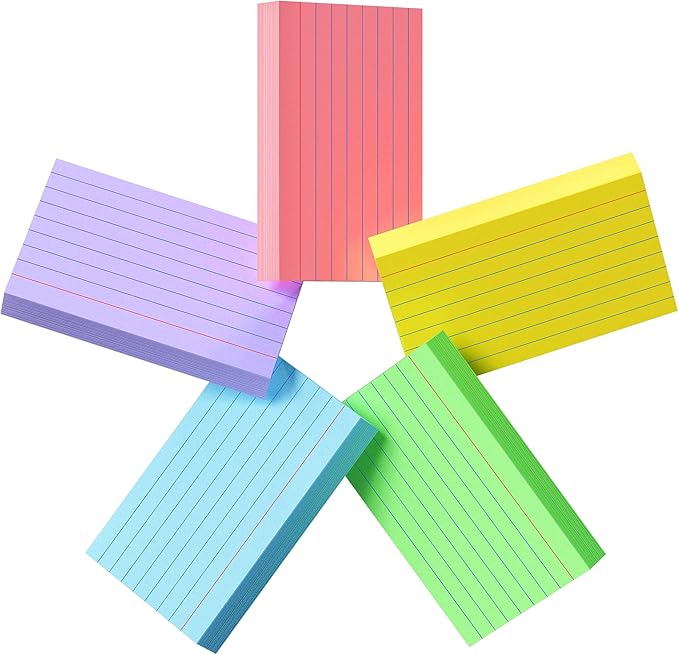 250 Count Colored Index Cards 3x5, 180gsm Heavy Weight Flash Cards, Ruled Index Cards, 5 Color (50 Sheets Each), Portable Note Taking for Students, Teachers, Study Note Cards for Office Home School