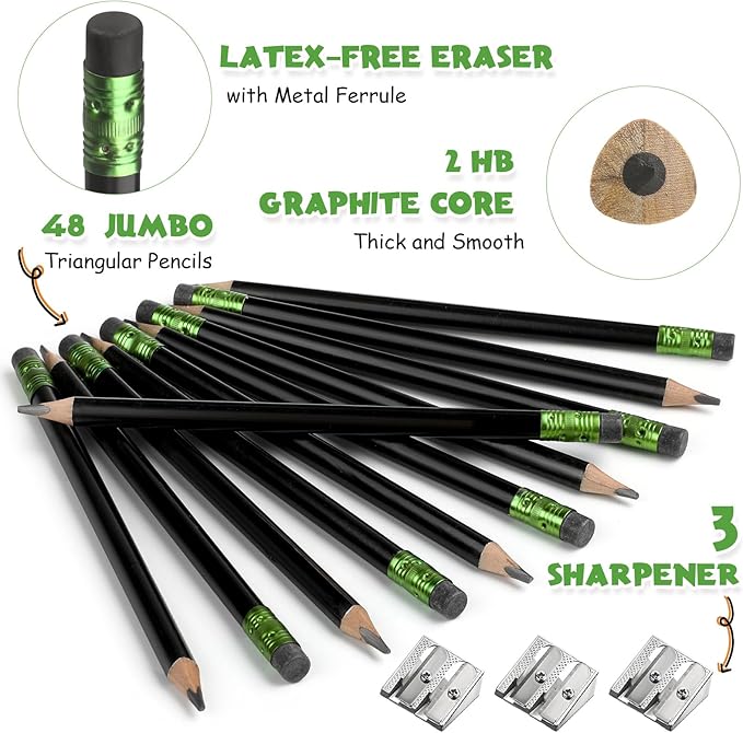 Fainne 48 Pcs Fat Pencils Jumbo Big Thick Large Pencils and 3 Pieces Sharpeners for Kids Beginners Preschoolers Kindergarten School Office Supplies(Black,Triangle)
