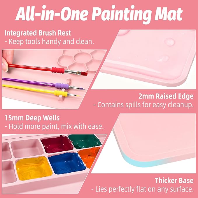 Silicone Painting Mat for Table Protection, 23.6 x 15.8in Drawing Mat with Nylon Brushes for Children, Art Mats with Cleaning Cup, Paint Palette, Clay Craft Mats for DIY (Pink)