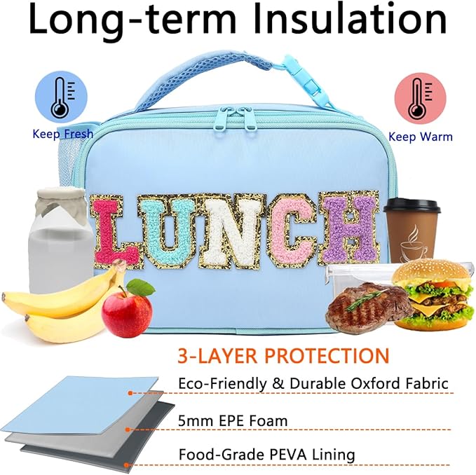 GYEUKHAM Insulated Lunch Box for School, Thermal Reusable Durable Freezable Lunch Bags for Kids Boys Girls Men Women - Small Soft Cooler Portable Lunch Tote Kit for Work Picnic Travel,Blue Alphabet