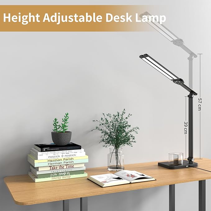 Woputne LED Desk Lamp, Dual Heads, Height Adjustable, USB Charging Port, 5 Light Modes & Dimmable Brightness, Bedside Lamp for Reading, Craft, Work, Study (Black, 15W)