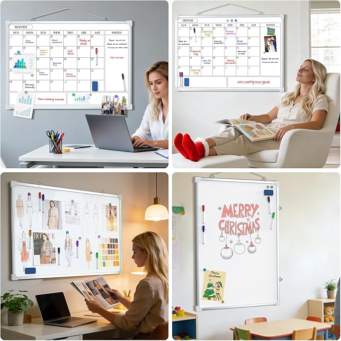 MaxGear Double Sided Magnetic Dry Erase Board Calendar, 36" x 24" Monthly Whiteboard for Wall, Aluminum Framed Reversible White Board with Notes Section, Markers, Magnets & Eraser for Home Office
