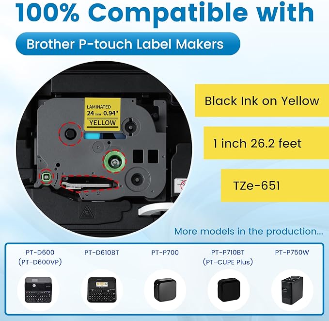 6x Replace for Brother Label Maker Tape 24mm Yellow Laminated TZe TZ Tape 24mm 0.94 TZe-651 Compatible with Brother P-Touch Label Maker Refills Yellow 1'' TZe651 for PTD600 610BT P700 710BT 750W 910BT