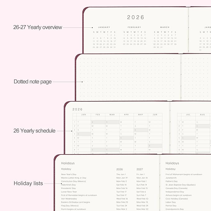 And Per Se 2026 Planner-Daily, Weekly & Monthly Leather Hardcover Planner, 5.7" x 8", Daily Schedule, 100 GSM Thick Paper, Back Pocket(Dark Red)