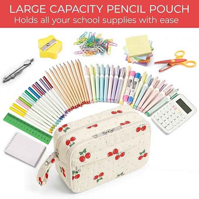 WOBAGMEN Cute Pencil Case,Large Corduroy Zippered Pencil Case Pouch, Aesthetic Pencil Bag with Compartments, Pencil Pouch School Supplies (Cherry Polka Dots)