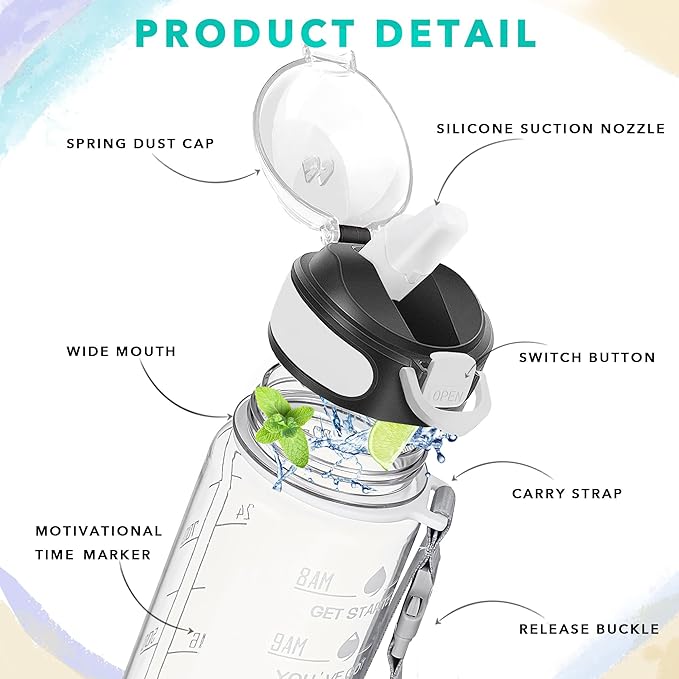 Enerbone 32 oz Water Bottle with Times to Drink and Straw, Motivational Drinking Water Bottles with Carrying Strap, Leakproof BPA & Toxic Free, Ensure You Drink Enough Water for Fitness Gym Outdoor