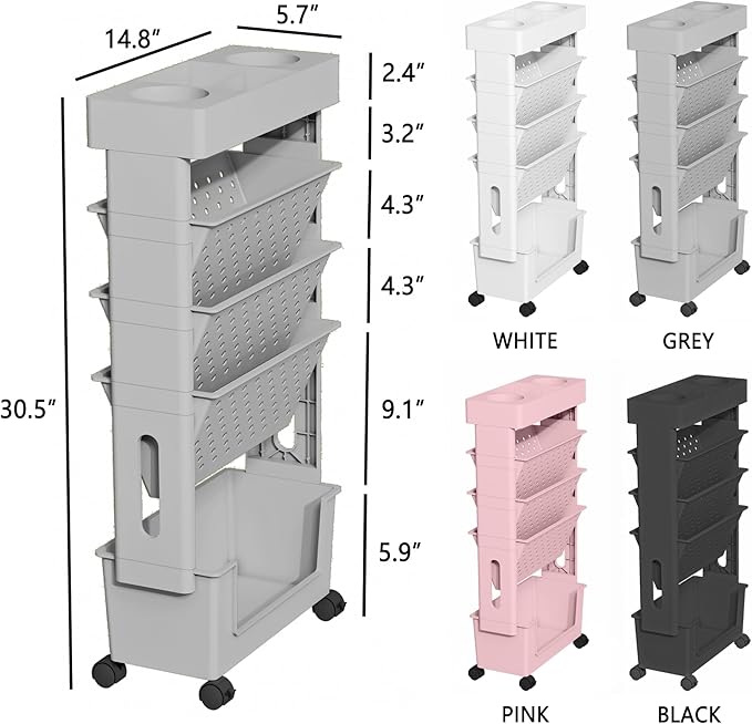 5-Tier Mobile Bookshelf, Rolling Bookcase Book Storage Rack, Movable File Folder Organizer Cart with Wheels for Home Study Office Living Room Classroom, Gray