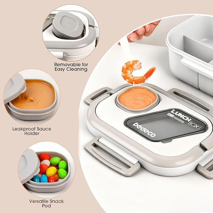 PEDECO White Bento Box with Bag for Adult Kid, Leakproof 2-Layers Stackable | Insulated bag and sauce pod,2-tier stackable 1100ml ,Microwave & dishwasher safe, BPA-free,For school, work, travel, picnic