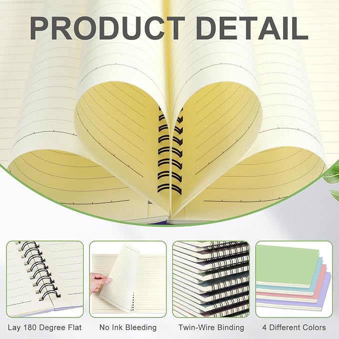 Yahenda 4 Pcs Spiral Notebooks, 1 Subject, Wide Ruled, Pastel Colors