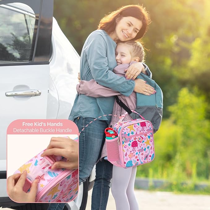 Bagseri Kids Lunch Box for Girls - Insulated Toddler Lunch Bag Fits Bento Box, Reusable Daycare Cooler Tote with Clip Handle, Water-Resistant Lining, Pink Sea World