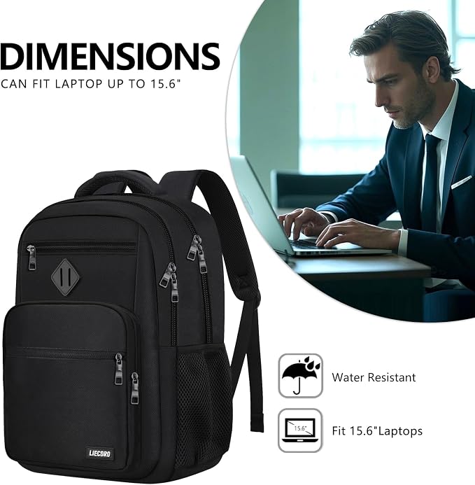Black Backpack for Men, School Backpack for Boys Teens,15.6 inch Laptop Back Pack with Reinforced Straps, Backpacks for School Business Work College Travel, College Book Bag, Bookbag