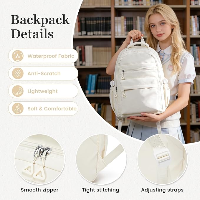 Backpack for College Students Women Men, Aesthetic Backpacks for Middle School, Waterproof Bookbag, Lightweight High School Backpack for Teens Boys Girls(Beige)