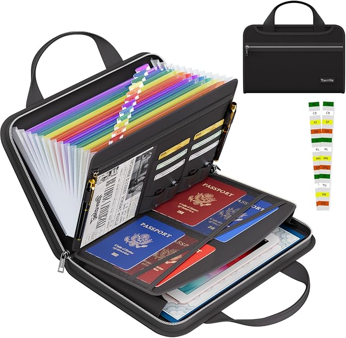 Tamfile Fireproof Accordion File Organizer with Handle, 13 Pocket Colorful Expanding File Folder with Zipper & Labels, File Folder with Multi-Pockets Paper Organizer Folder for Letter A4 Files (Black)