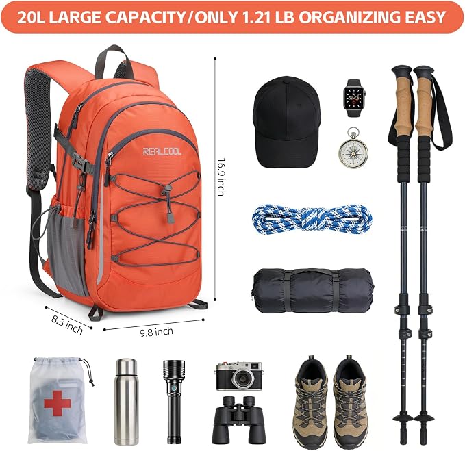 RealCool 20L Lightweight Hiking Backpack, Waterproof Daypack for Camping | 210D tear-resistant nylon, breathable shoulder and back panel, Multi-Compartment,hydration system,reflective strip,bungee net
