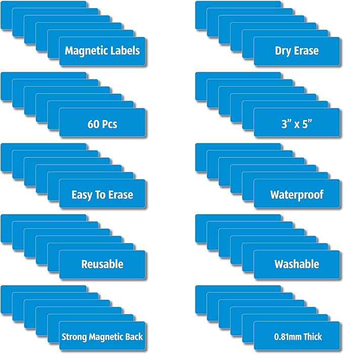 IMAGAME Magnetic Dry Erase Magnets Labels 3x1 inches, Reusable Name Tags, Organizing Schedules in Office/Classroom. Work on Fridge/White Board (Blue 60Pcs)