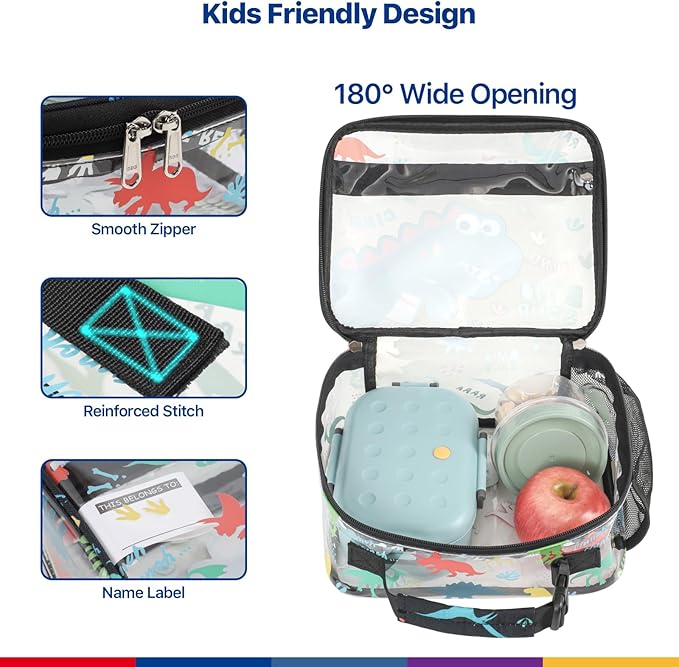 Bagseri Clear Kids Lunch Bags - Boys Lunch Box for School Reusable Snack Bag with Water Bottle Holder Stadium Approved Clear Bag, Black Cute Dinosaur