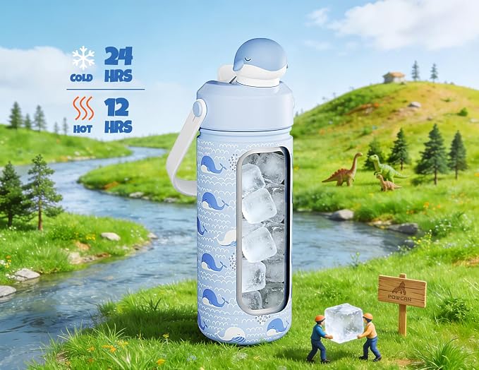 POWCAN 18 oz Kids Water Bottle for School: 2-in-1 Straw Spout Lid with Soft Animal Head, Leakproof, Backpack Friendly, Keep Cold 24H, Insulated cup for Sports, Playground, Holiday Gift (Whale Splash)