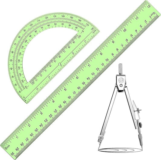 Zonon 3 Pcs Plastic Ruler 6 Inch Protractor Drawing Compass Set, Student Geometry Math Transparent Measuring Tools for Home School Classroom Office Supplies(12 Inch,Green)
