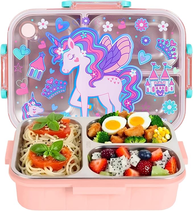 Stainless Steel Bento Lunch Box for Kids, 800ml/27oz BPA-Free Leak-Proof Food Containers with 3 Compartments, Freezer & Dishwasher Safe, Back to School Students Lunches Size for Ages 3-7