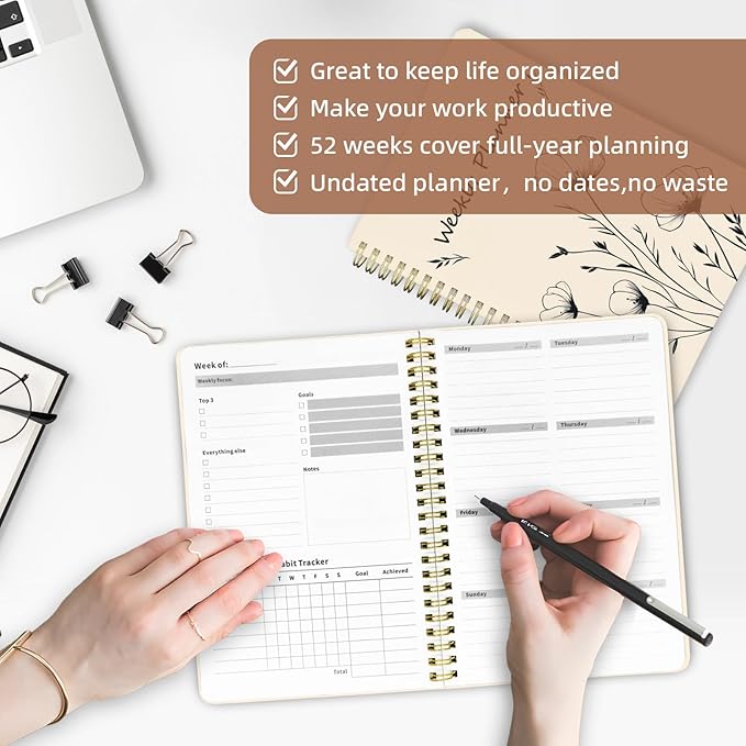 Weekly Planner Undated - 52 Weeks To Do List Notebook A5 for Work: Weekly Task, Habit Tracker Journal, Goal Setting, Agenda Sprial Bound Organizer Book for Women Cute Stylish Design, Flower