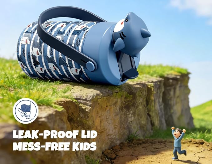 POWCAN 12 oz Insulated Water Bottle for School: 2-in-1 Straw Spout Lid with Soft Animal Head, Leakproof, BPA-Free, Keep Cold 24H, Easy Carry, Stainless Steel Cup for Kids, Boys, Girls (Baby Shark)