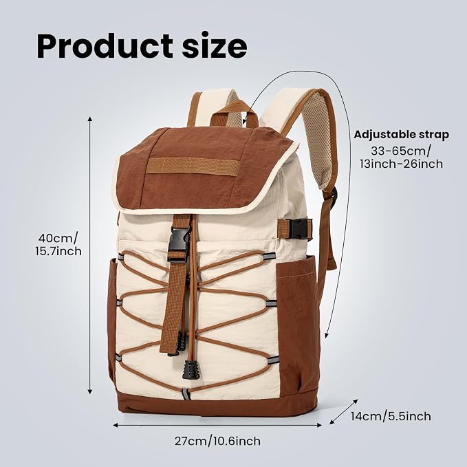 Travel Backpack for Women Men, Carry On Laptop Backpack fits 16'' Laptop, Lightweight Waterproof Nylon Casual Daypack with Multiple Pockets, Basics Bag for Outdoor, Walking, Hiking. (Khaki)