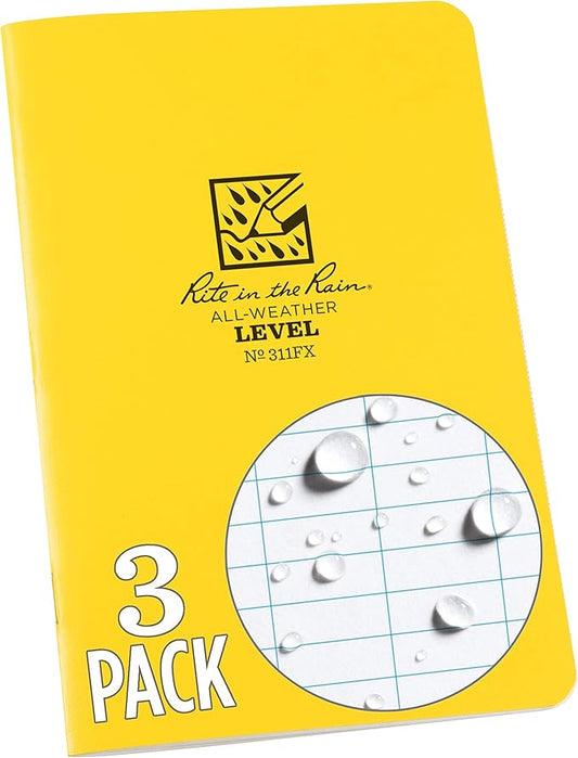Rite in the Rain All-Weather Stapled Notebook, 4 5/8" x 7", Yellow Cover, Level Pattern, 3 Pack (No. 311FX)