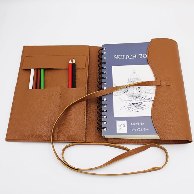 Drawing Book Cover Sketchbook Cover with Pencils Leather Artist Bag Artist Gifts Leather Art Book Cover for Sketchbook Journal Notebook (S for 5.5"x 8.5")