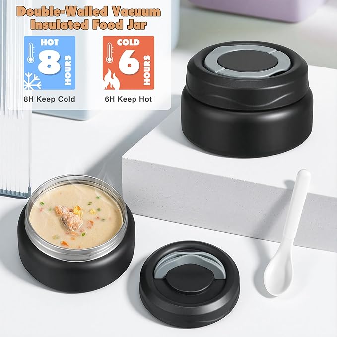 Bento Lunch Box for Kids with 7oz Soup Thermo,Insulated Stainless Steel Kids Water Bottle with Straw and Insulated Lunch Bag,Leak-Proof Lunch Food Container with Ice Pack for School (Black)