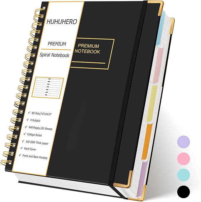 Huhuhero 5 Subject Notebook, 240 Pages Lined Spiral Journal College Ruled, 7.6" x 10.5” B5 Hardcover Journaling Notebooks for Work Note Taking, College School Supplies, Black
